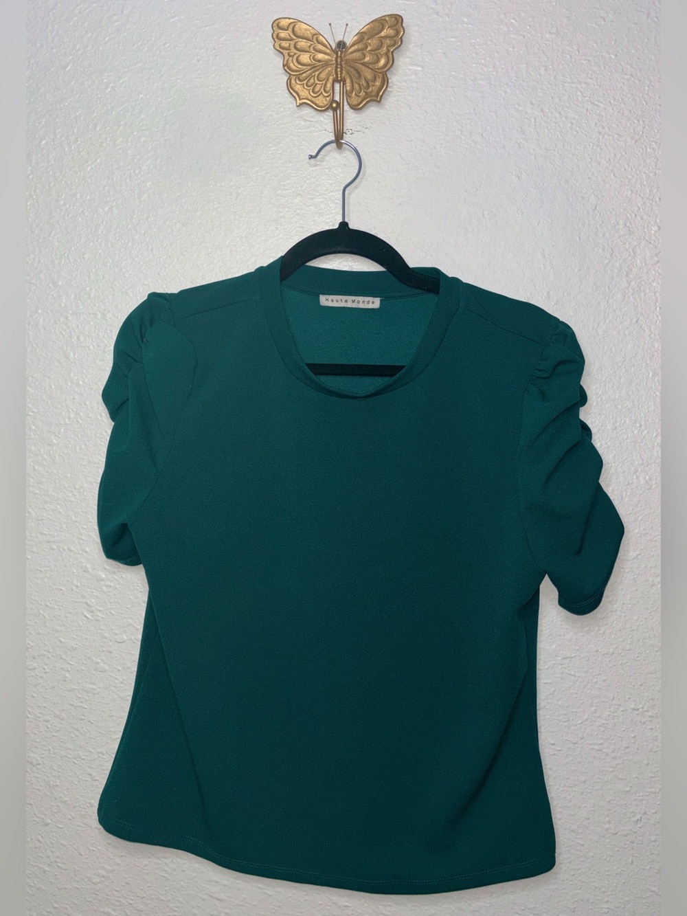 Haute Monde Emerald Green Short Ruffle Sleeve Business Casual Top